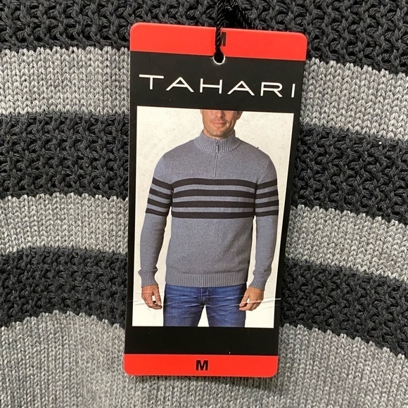 Tahari Mens Gray Striped 1/4 Zip Sweater Size M NWT - Picture 2 of 6